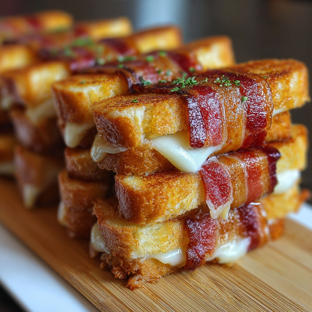 A stack of bacon and cheese sandwiches on a wooden cutting board.