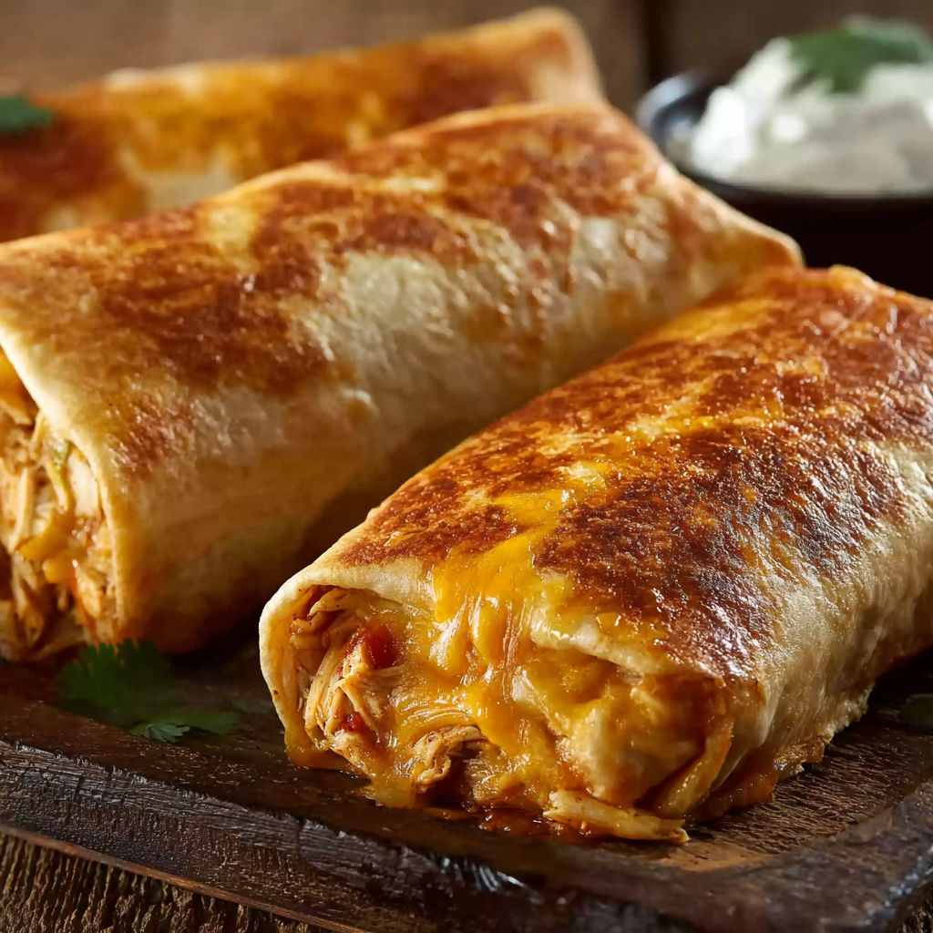 Two delicious looking Chi-Chi's Baked Chicken Chimichangas are served on a wooden platter.
