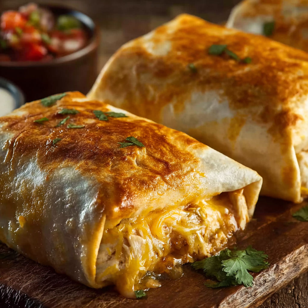 A delicious meal of chicken enchiladas is served on a wooden table.