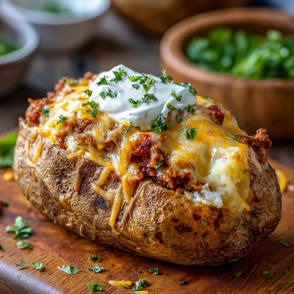 A delicious Taco Stuffed Baked Potato is ready to be enjoyed.