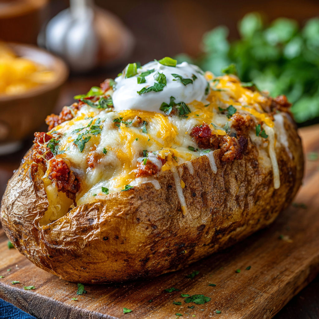 A delicious taco stuffed baked potato with cheese and sour cream on top.