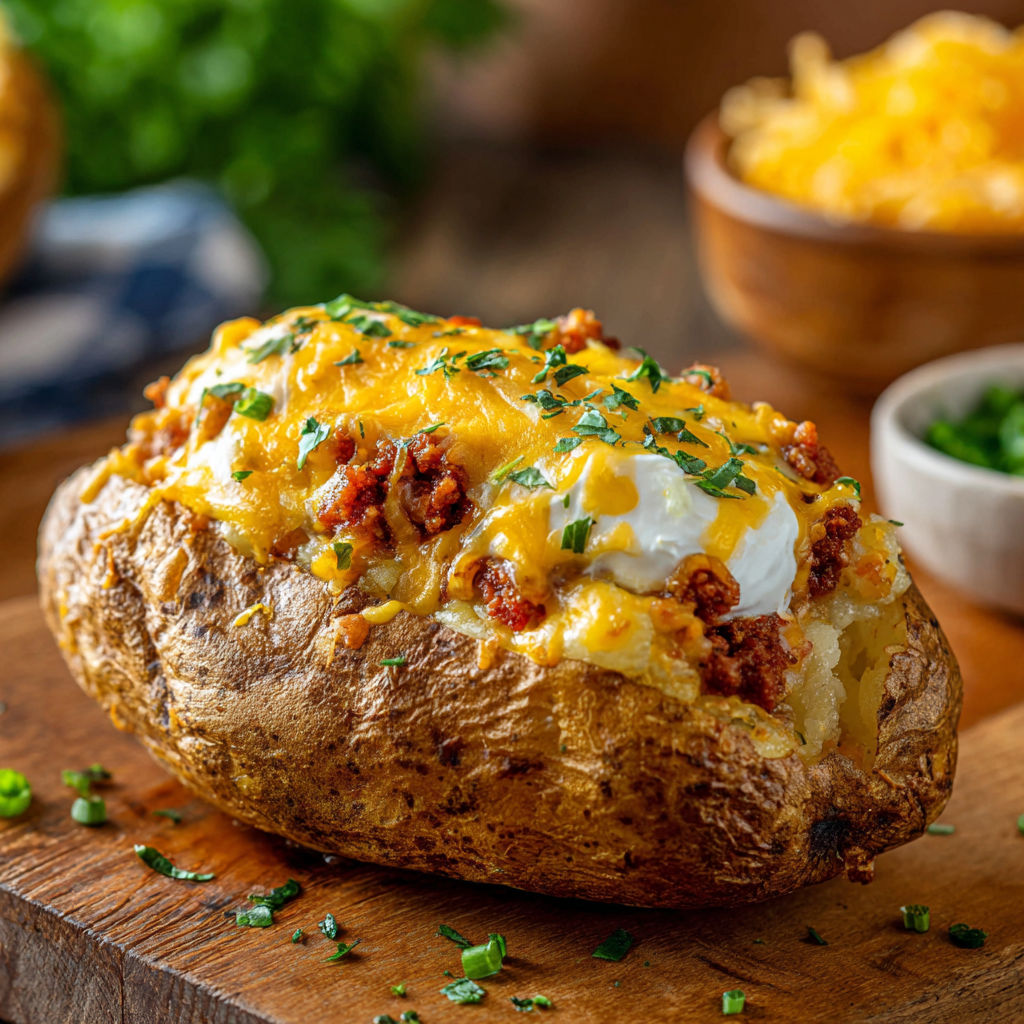 A delicious Taco Stuffed Baked Potato is ready to be enjoyed.