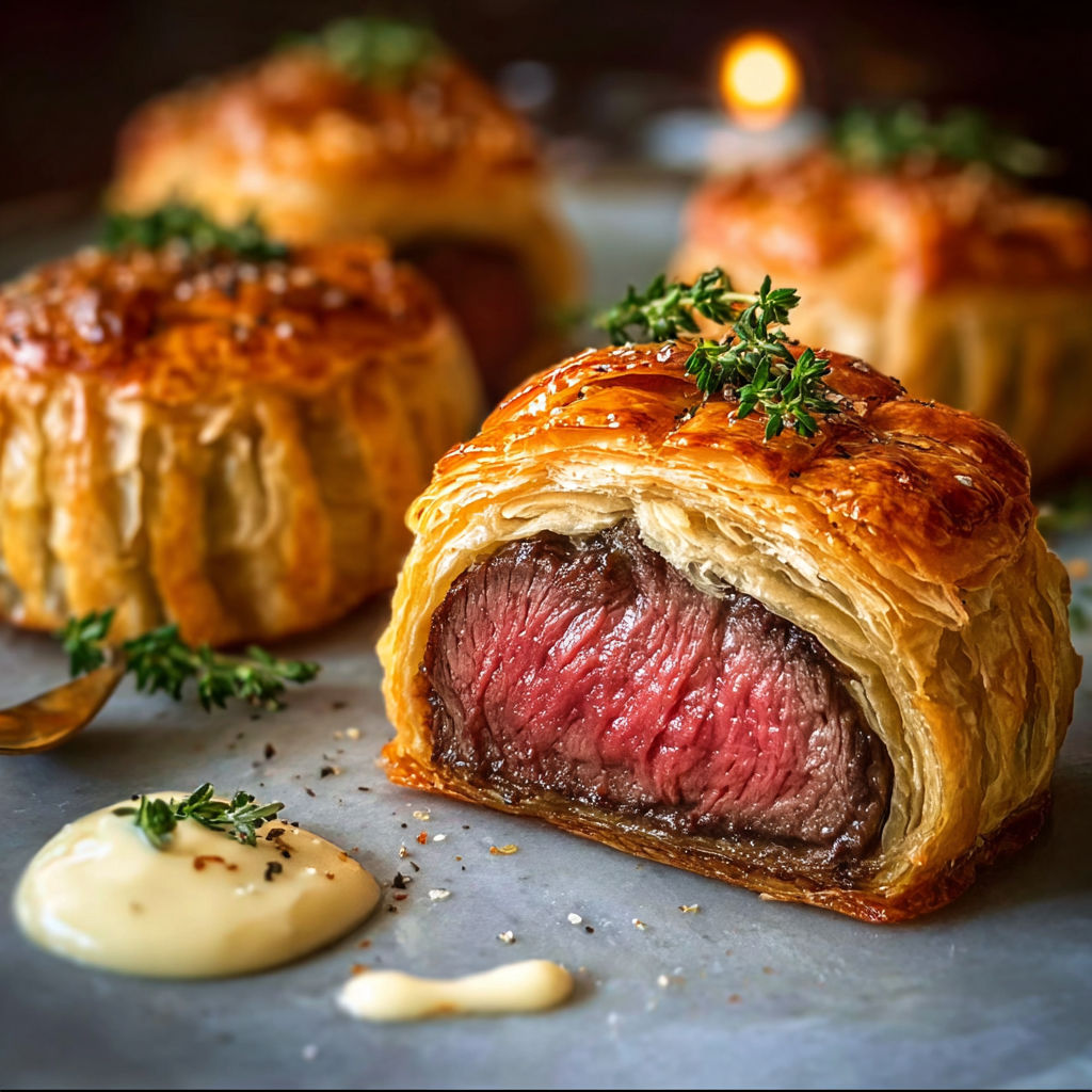A plate of mini beef wellingtons with a dollop of sauce on top.