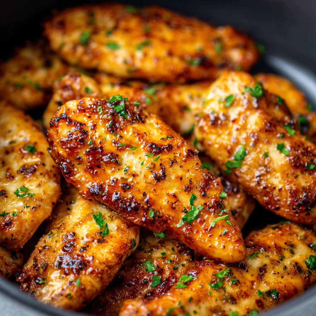 A bowl filled with breaded and fried chicken pieces, garnished with parsley and green onions.