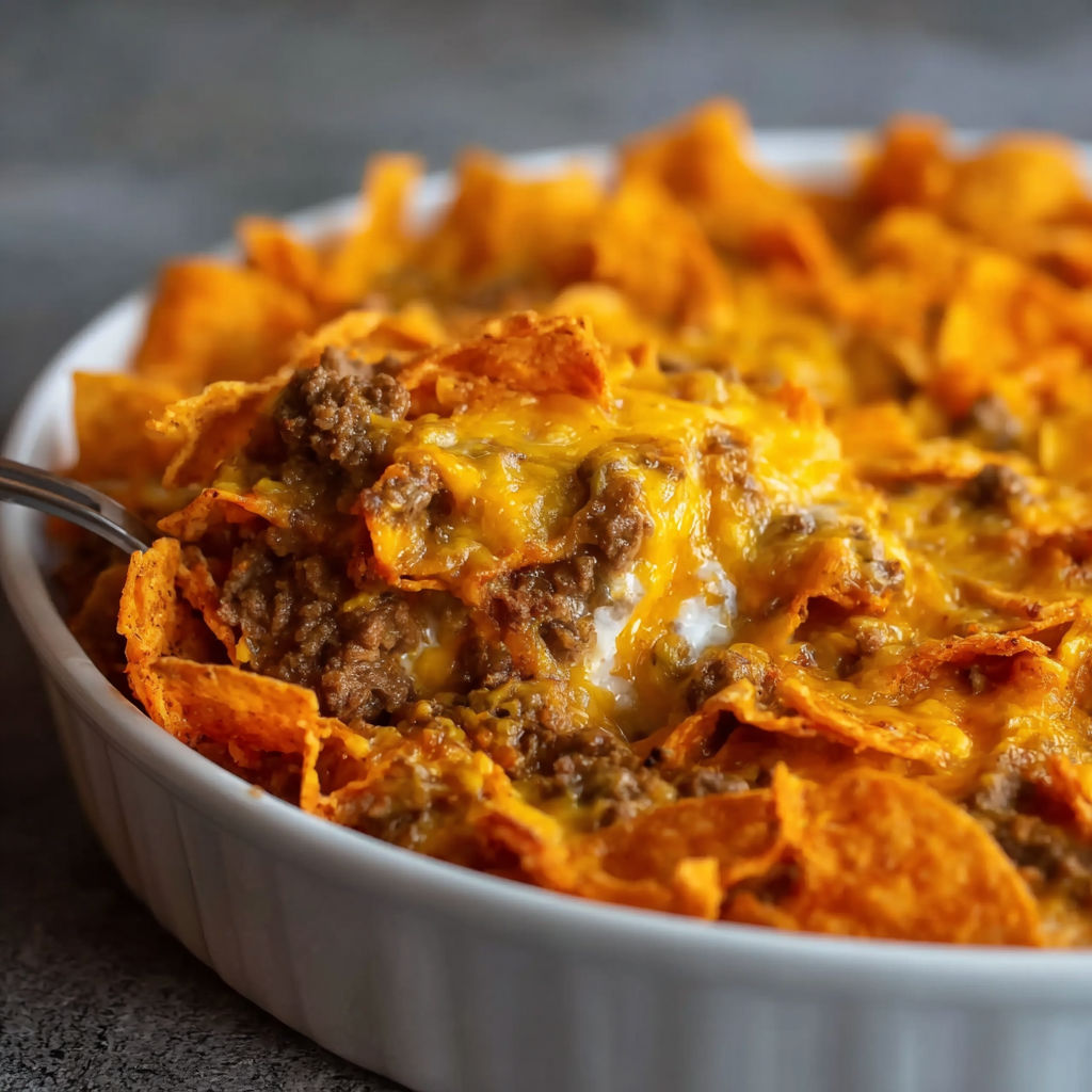 A white bowl filled with a delicious cheese and meat dish, likely a nacho casserole, is placed on a table.