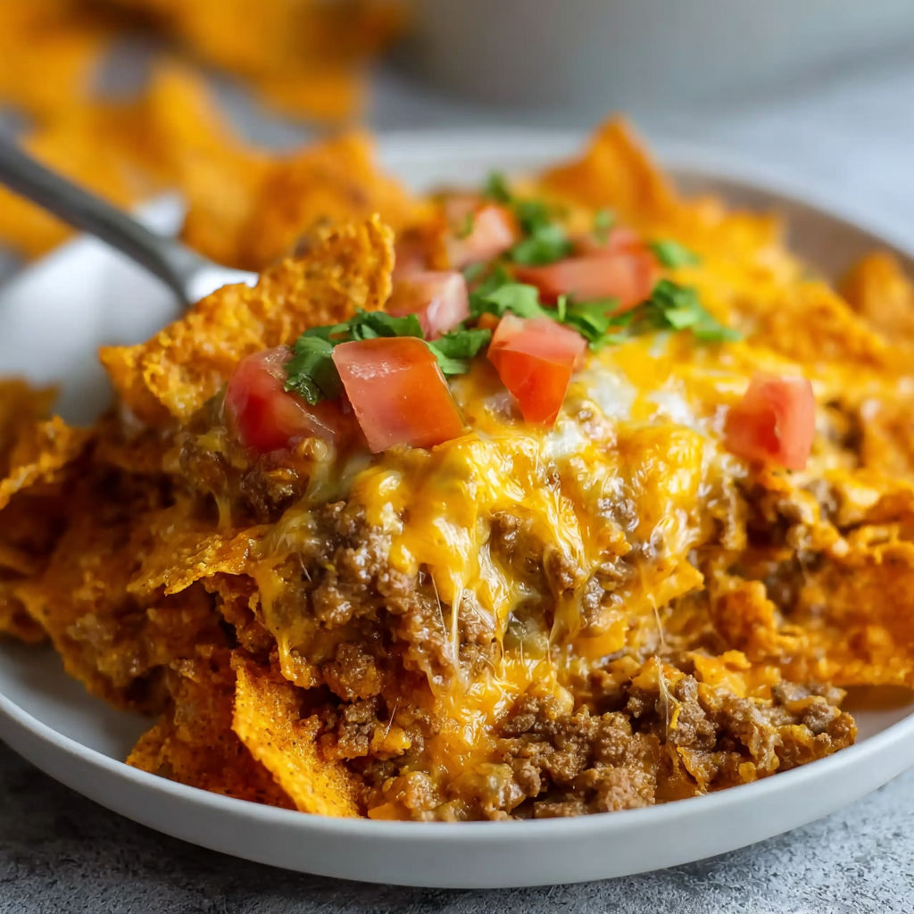 A plate of nachos with cheese, tomatoes, and jalapenos.