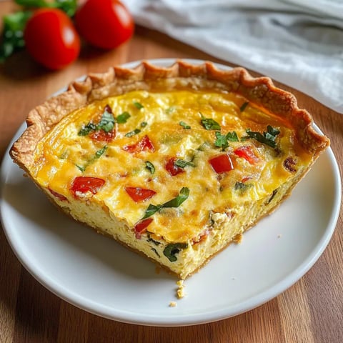 A slice of quiche on a white plate.