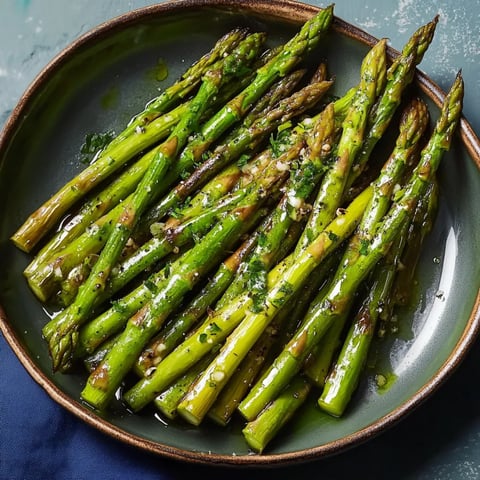A plate of green asparagus with seasoning.