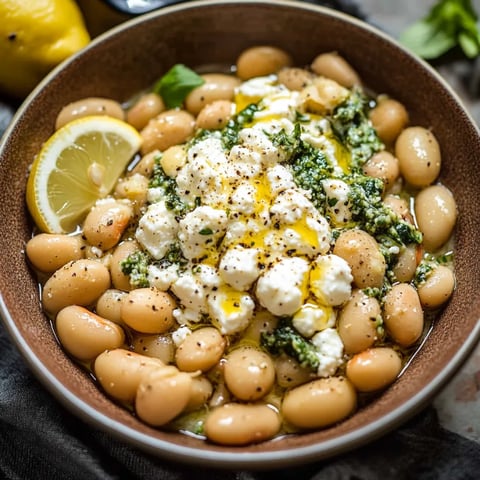 A bowl of food with white cheese and beans.