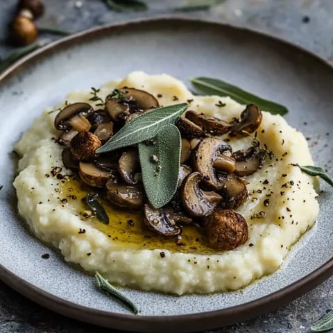 A plate of mushrooms and potatoes.