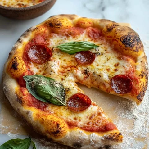 A slice of pizza with basil leaves on top.