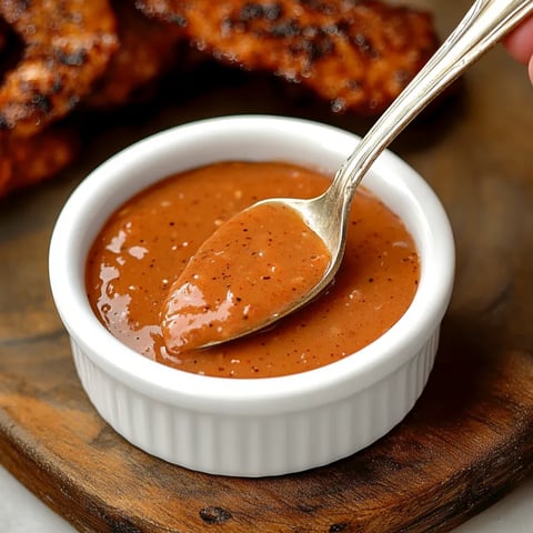 A spoon is in a bowl of sauce.