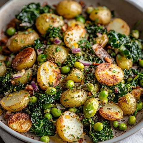 A bowl of vegetables including potatoes, peas, and greens.