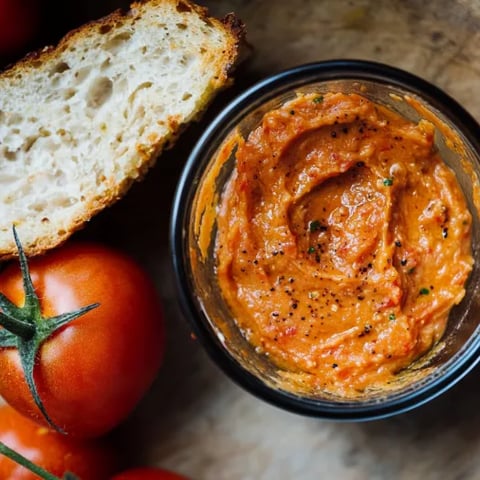A glass bowl of red sauce with a loaf of bread.