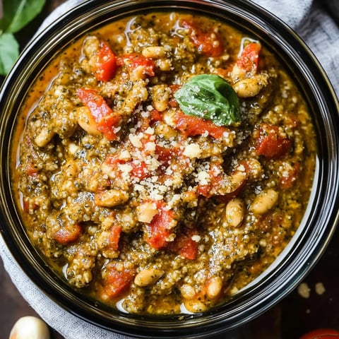 A bowl of soup with tomatoes and beans.