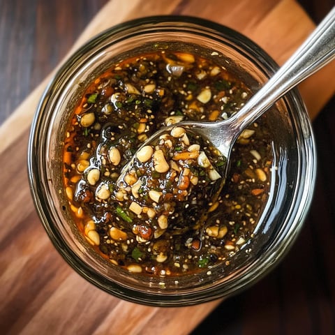 A spoon in a jar of sauce.
