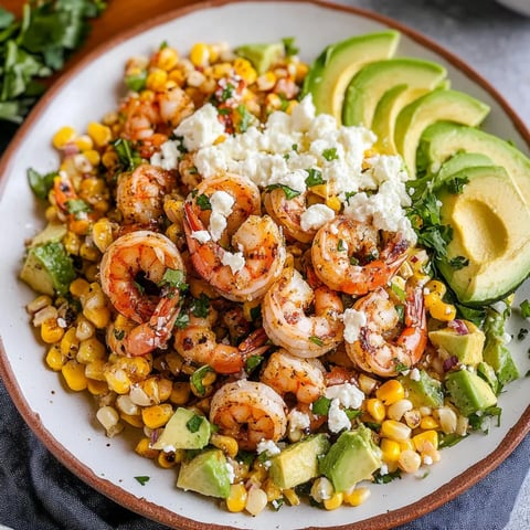 A plate of food with shrimp, corn, avocado, and cheese.