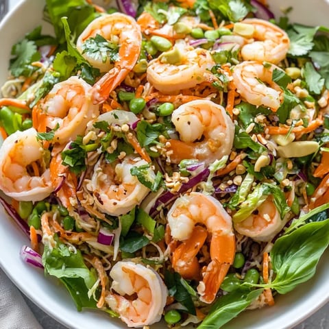 A bowl of shrimp salad with peppers and greens.