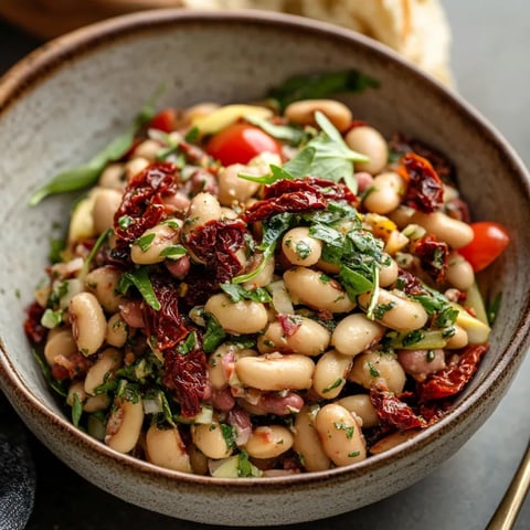 A bowl of food with tomatoes, beans, and lettuce.
