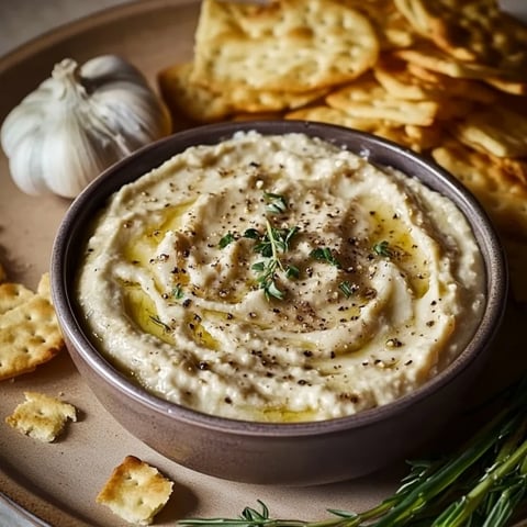 A bowl of hummus with crackers and garlic.