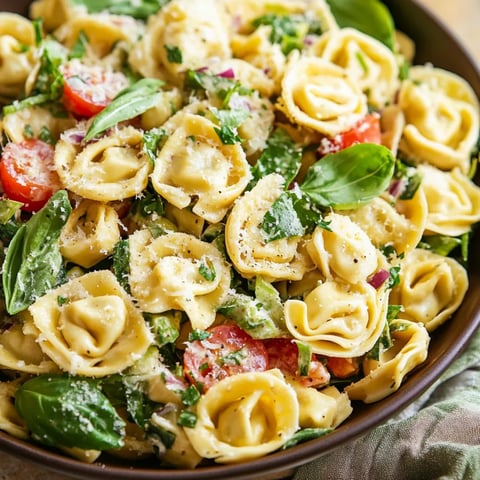 A bowl of pasta with tomatoes and spinach.