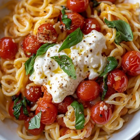 A bowl of pasta with tomatoes and cheese.