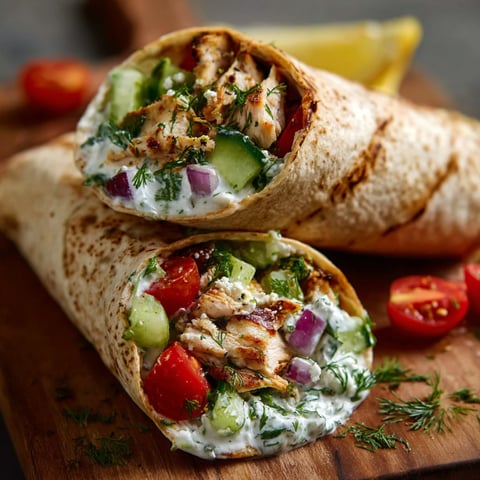 Two Mediterranean chicken wraps are served on a wooden cutting board, filled with vegetables and chicken.