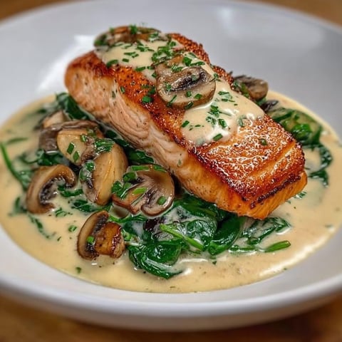 A delicious meal of Garlic Butter Salmon with Spinach & Mushrooms in Creamy Sauce.