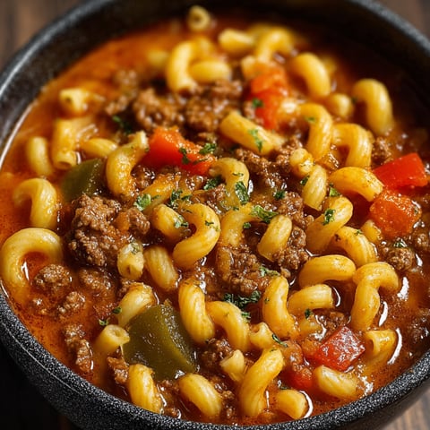 A bowl of Old-Fashioned Goulash Delight, filled with noodles and meat, is presented on a table.