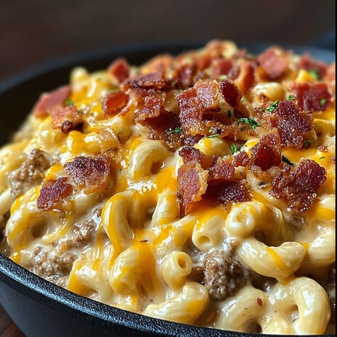 A delicious Loaded Bacon Cheeseburger Alfredo Pasta dish, topped with bacon and cheese, is presented in a black bowl.