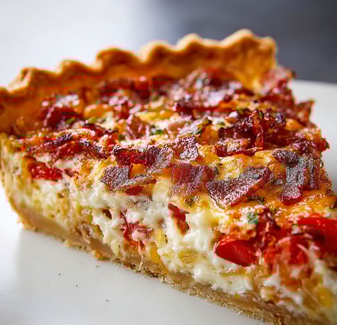 A slice of Bacon Onion Tomato Pie is displayed on a white plate.
