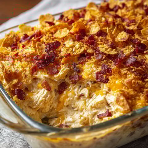 A delicious Bacon Ranch Chicken Casserole is ready to be served.