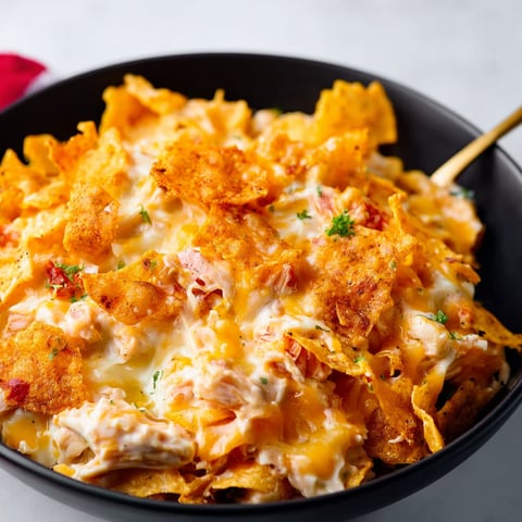 A bowl of Doritos Cheesy Chicken Casserole, ready to be enjoyed.