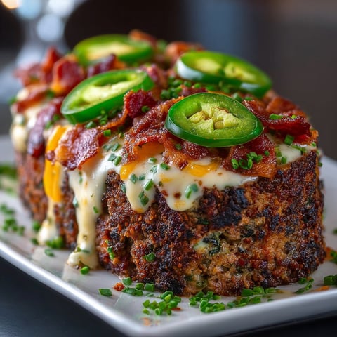 A delicious smoky jalapeño popper meatloaf is served on a white plate.