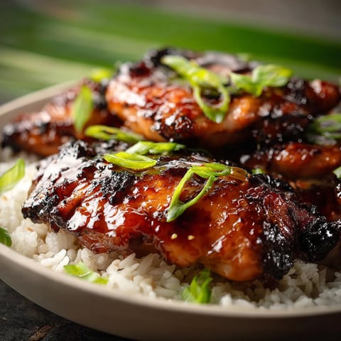 A plate of chicken with a sauce on top, served with rice.