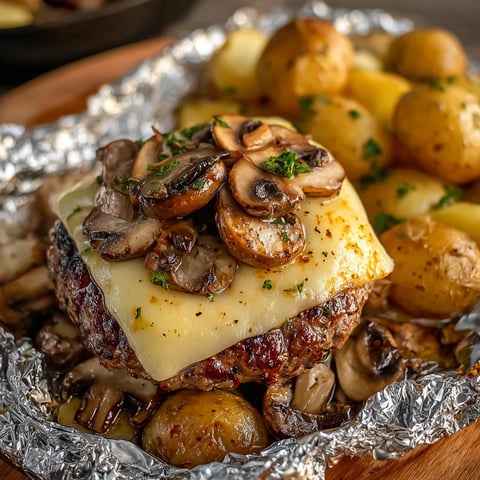 A delicious mushroom and Swiss burger foil packet is ready to be cooked.