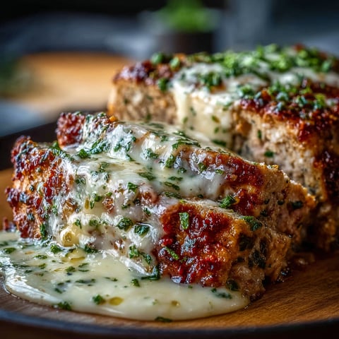 A delicious Melt-in-Your-Mouth Garlic Parmesan Chicken Meatloaf is served on a wooden platter.