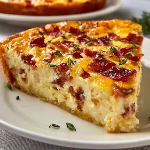A slice of Bacon and Cheese Crustless Quiche on a white plate.