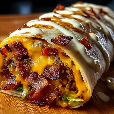 A delicious Loaded Bacon Cheeseburger Burrito with a Creamy Cheese Finish, ready to be enjoyed.