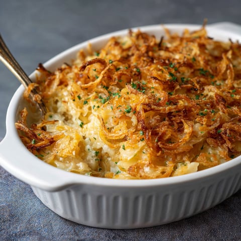A white bowl filled with French Onion Funeral Potatoes.