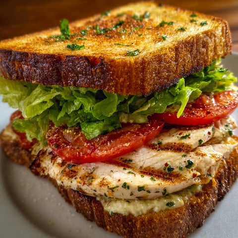 A delicious grilled chicken sandwich with lettuce and tomato, topped with garlic butter.
