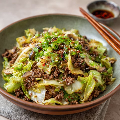 A delicious Chinese ground beef and cabbage stir fry served in a bowl.