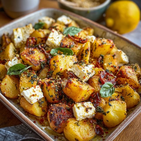 A dish of Baked Feta Potatoes is presented on a table.