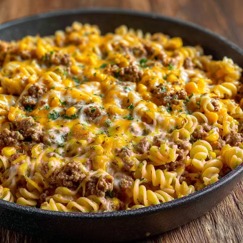 A delicious Loaded Cheddar Ranch Beef and Sweet Corn Rotini Bake is ready to be served.