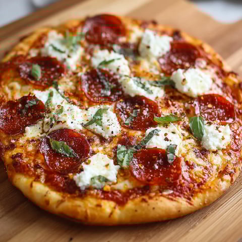 A close up of a pepperoni pizza with white cheese and green herbs on top.