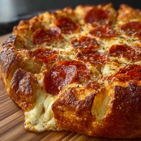 A delicious looking Stuffed Crust Pepperoni Pizza is displayed on a wooden cutting board.