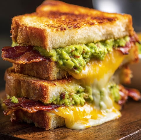 A close up of a delicious bacon guacamole grilled cheese sandwich.
