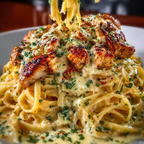 A delicious Creamy Cajun Chicken Linguine w/ Garlic Mozzarella Sauce is served on a plate.