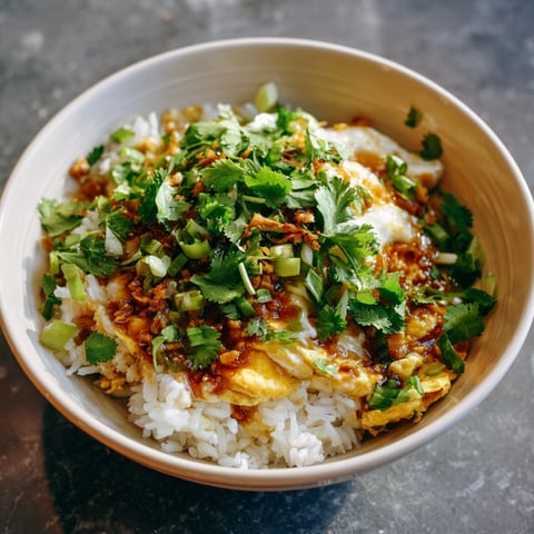 A bowl of rice with vegetables and sauce, including green onions and chives, is presented in a close-up shot. This dish is known as Ban Fan - Simple Rice Bowl.