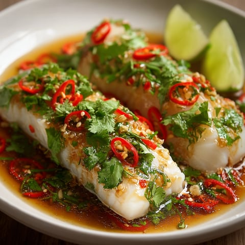 A plate of Thai Lime-Garlic Steamed Fish with a side of lime wedges.